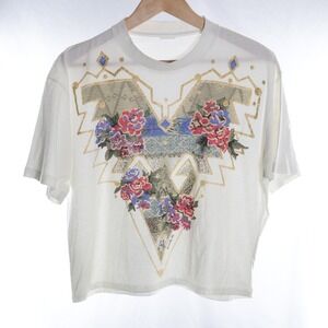 Vintage T Shirt Top Women White Floral Glitter Cotton Single Stitch 90s Large